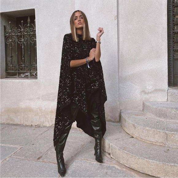 Rare and hard to find ZARA LIMITED EDITION SEQUIN CAPE / WOOL KNIT PONCHO BLACK - Picture 10 of 17
